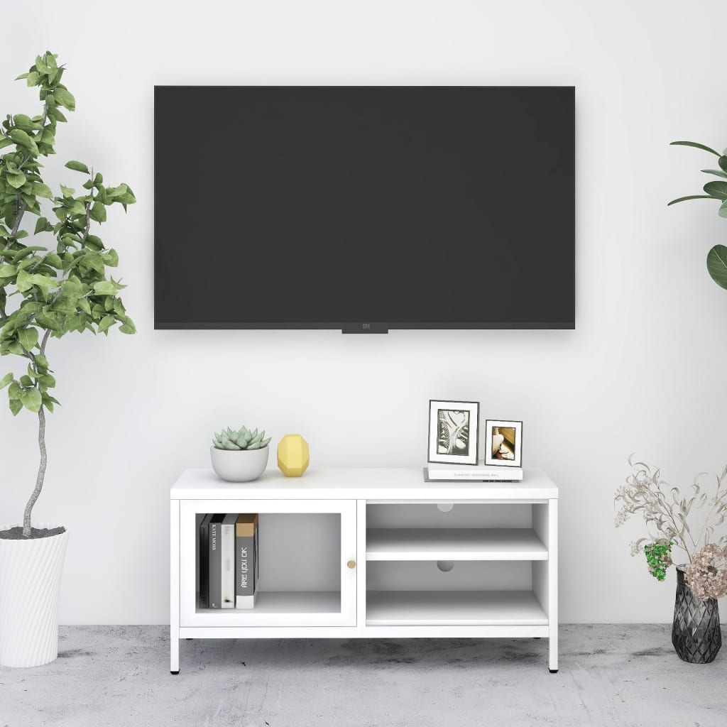 vidaXL Szafka pod telewizor, biała, 90x30x44 cm, stal i szkło