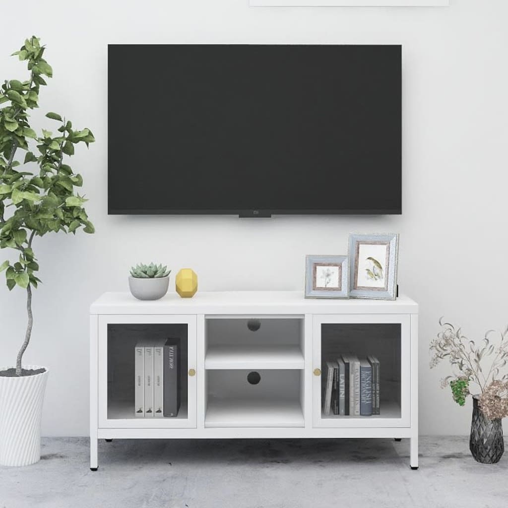 vidaXL Szafka pod telewizor, biała, 105x35x52 cm, stal i szkło