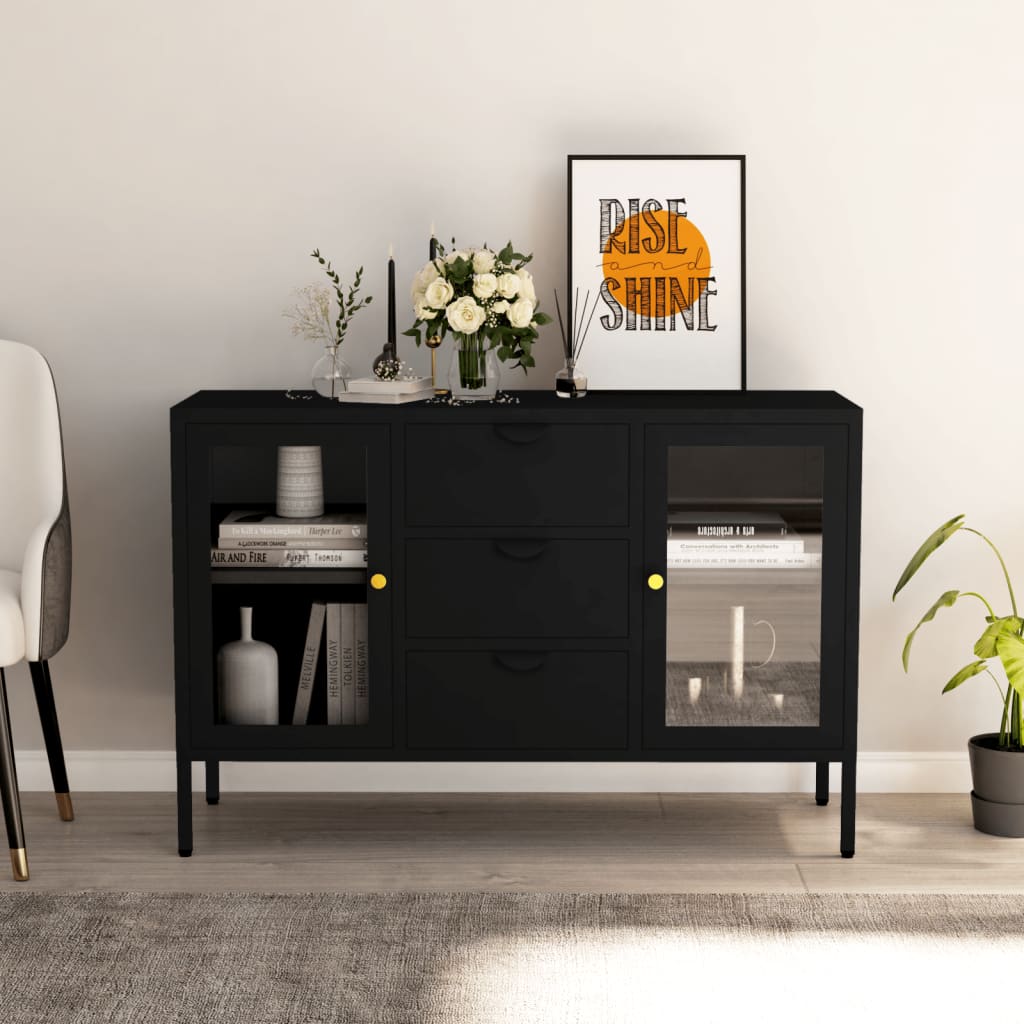 vidaXL Komoda, czarna, 105x35x70 cm, stal i szkło hartowane