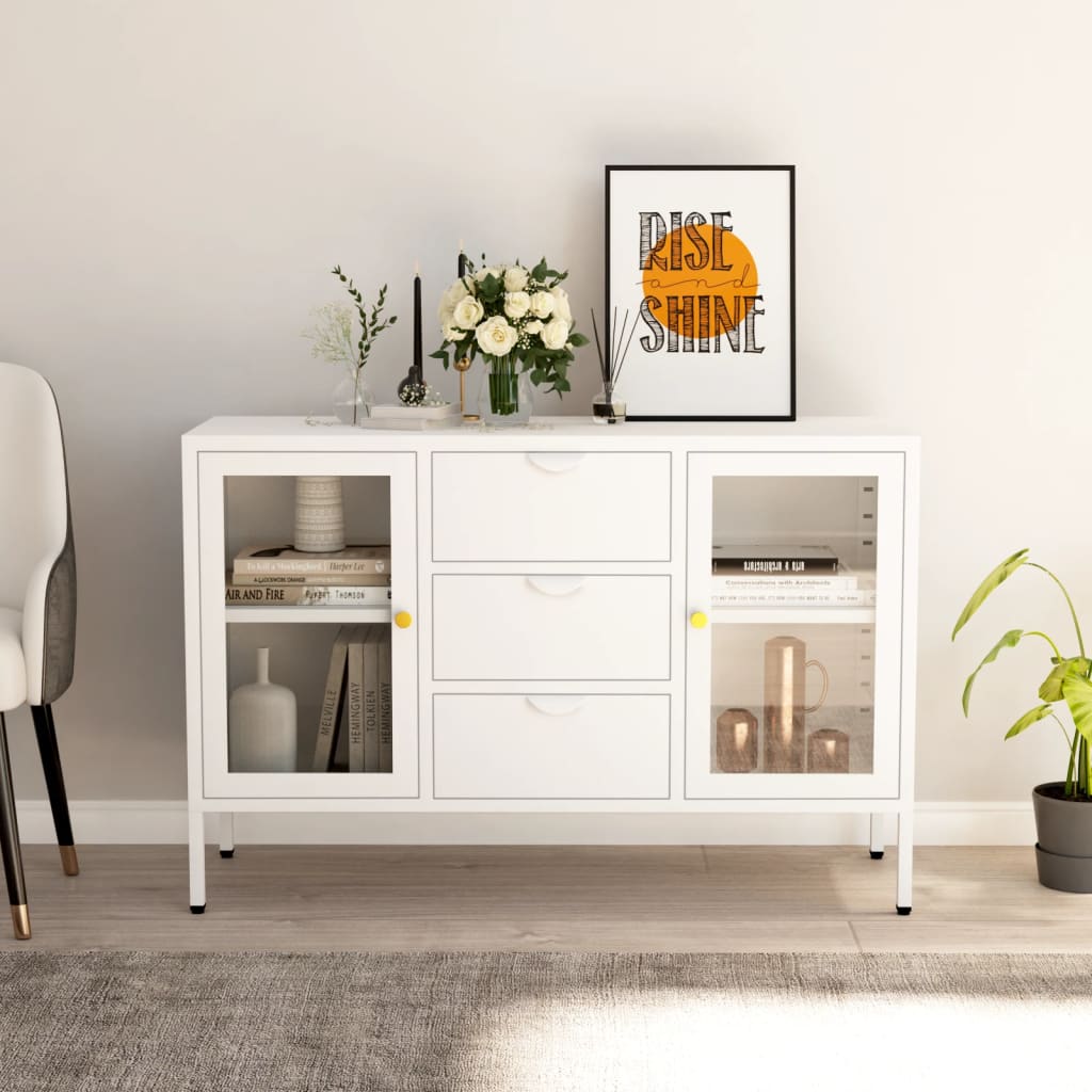 vidaXL Komoda, biała, 105x35x70 cm, stal i szkło hartowane