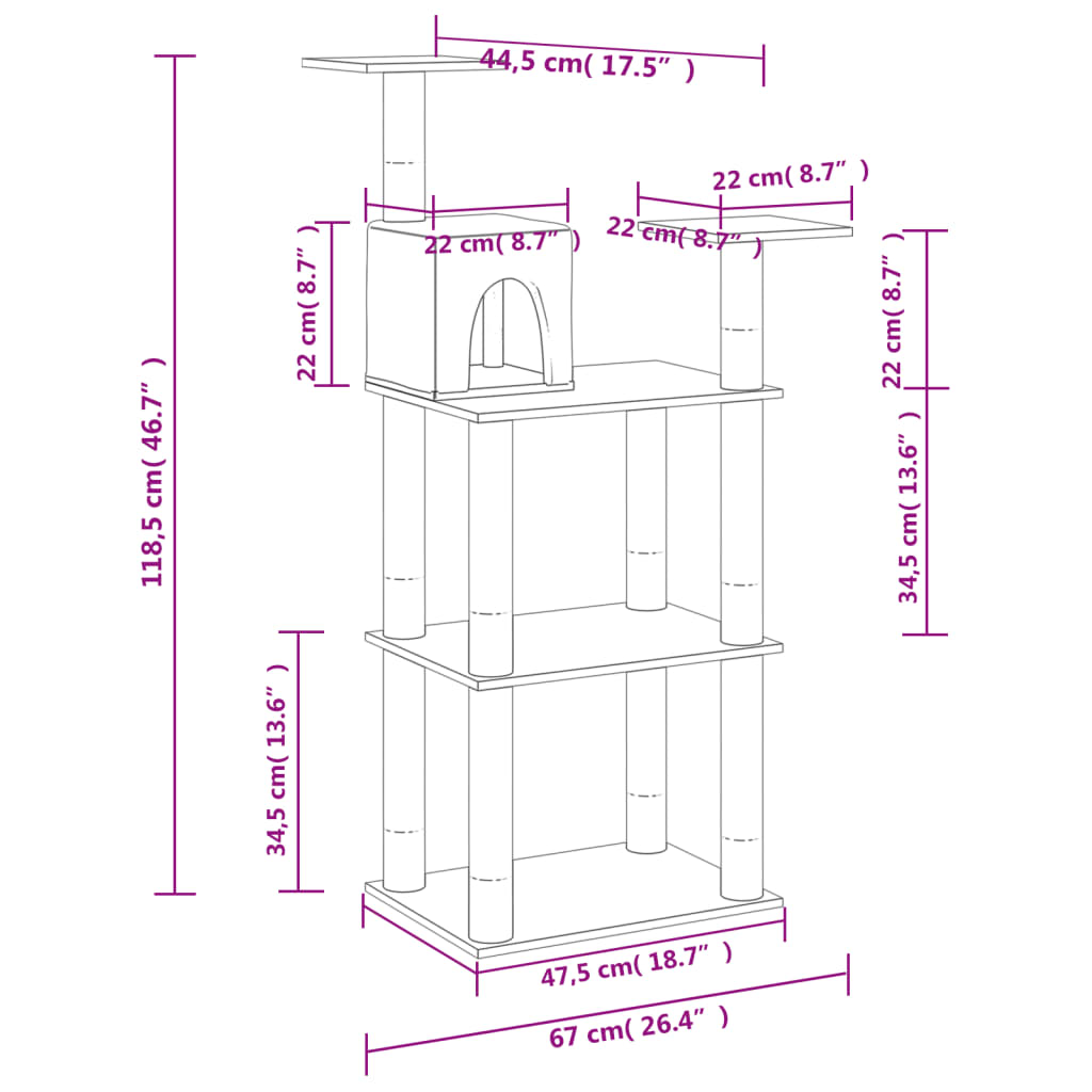 vidaXL Drapak dla kota ze słupkami sizalowymi, kremowy, 118,5 cm