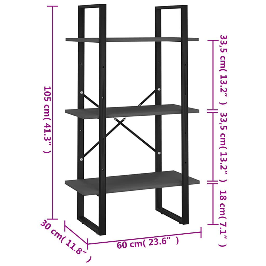 vidaXL Regał na książki, szary, 60x30x105 cm, materiał drewnopochodny