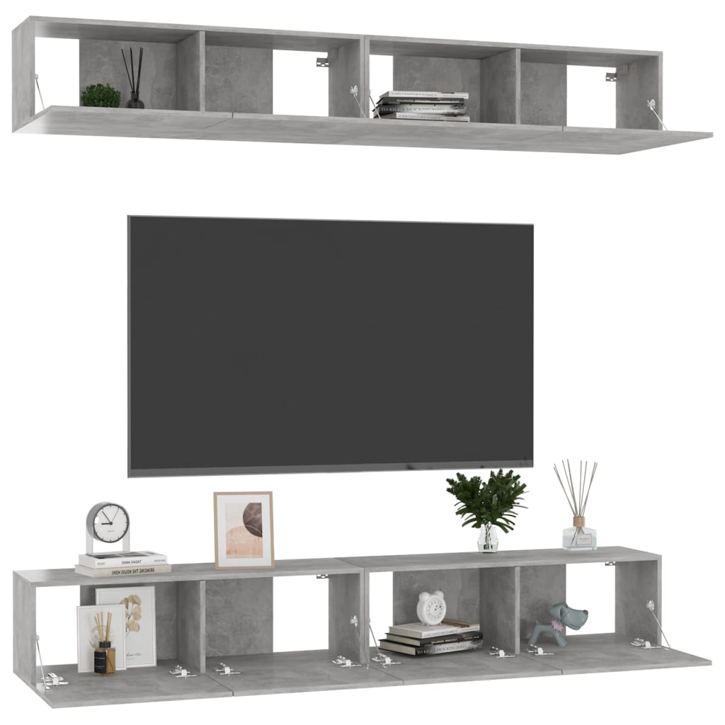 vidaXL Szafki telewizyjne, 4 szt., szarość betonu, 100x30x30 cm, płyta