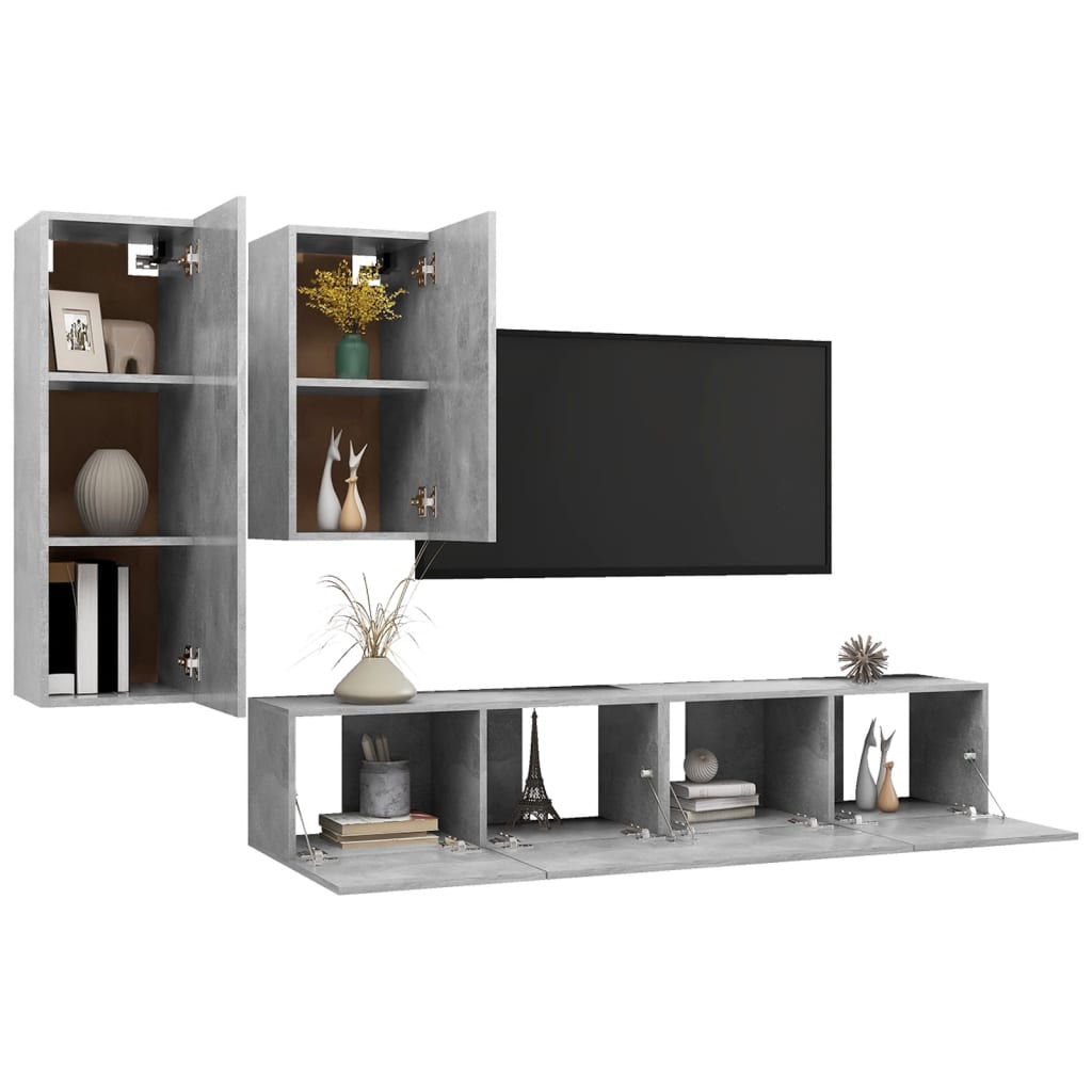 vidaXL 4-cz. zestaw szafek TV, szarość betonu, materiał drewnopochodny