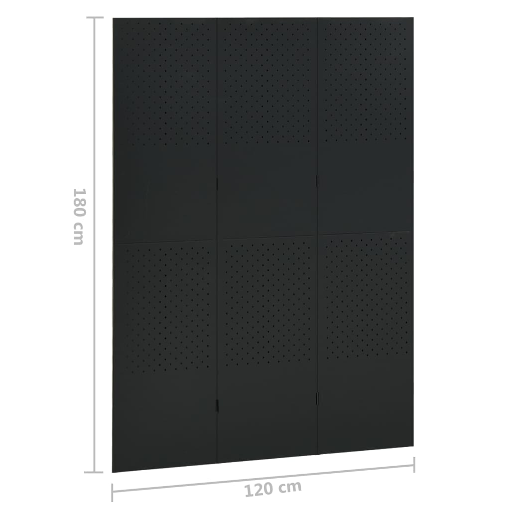 vidaXL Parawan 3-panelowy, czarny, 120 x 180 cm, stalowy