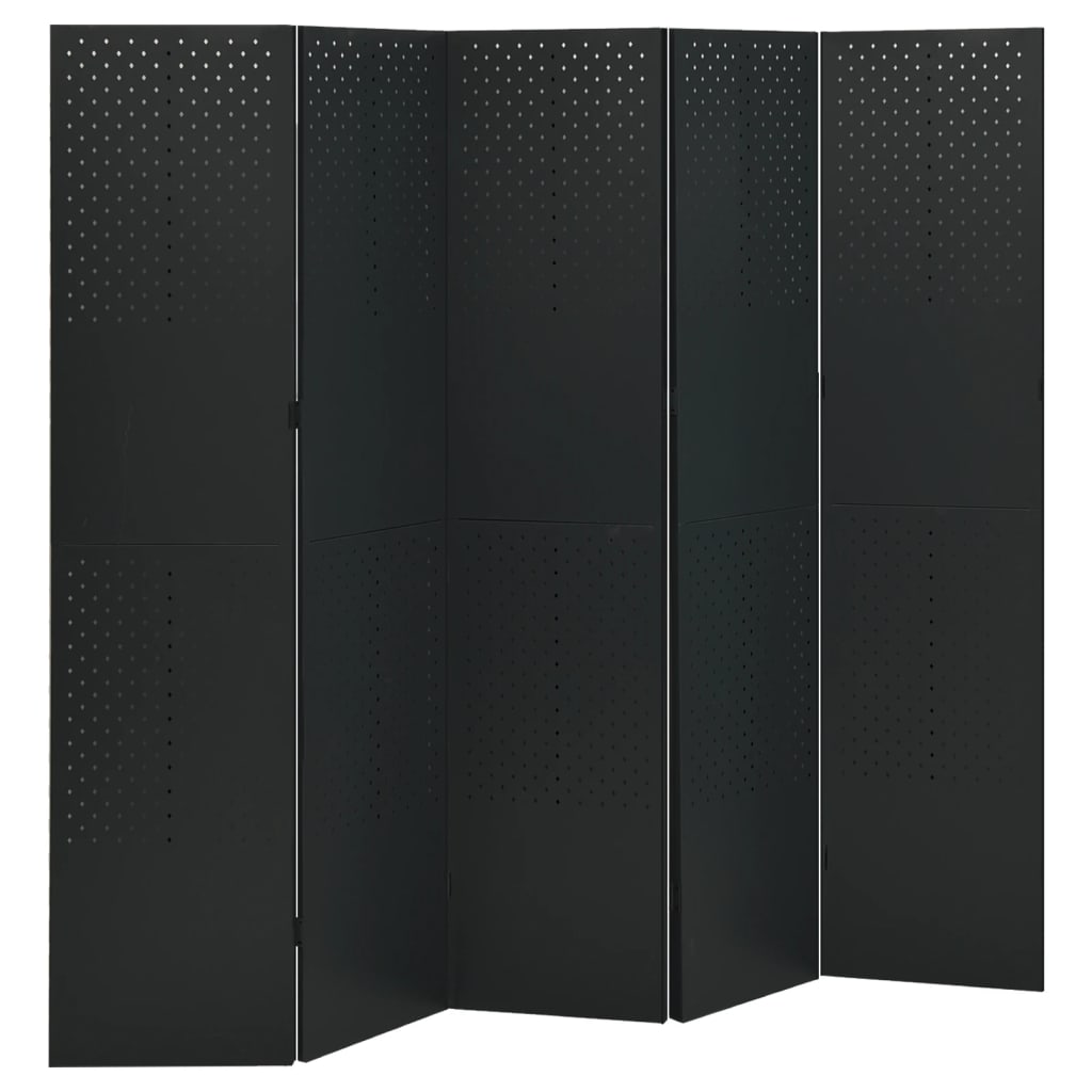 vidaXL Parawan 5-panelowy, czarny, 200 x 180 cm, stalowy
