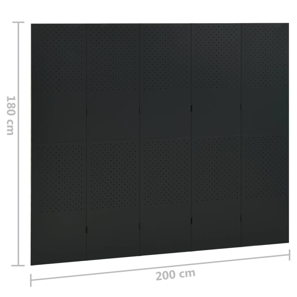 vidaXL Parawan 5-panelowy, czarny, 200 x 180 cm, stalowy