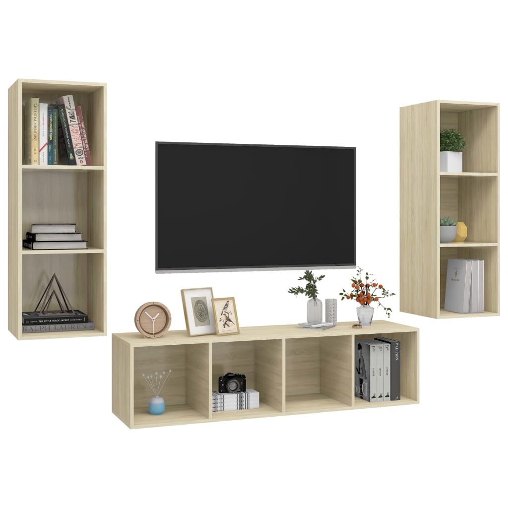 vidaXL 3-cz. zestaw szafek TV, dąb sonoma, materiał drewnopochodny