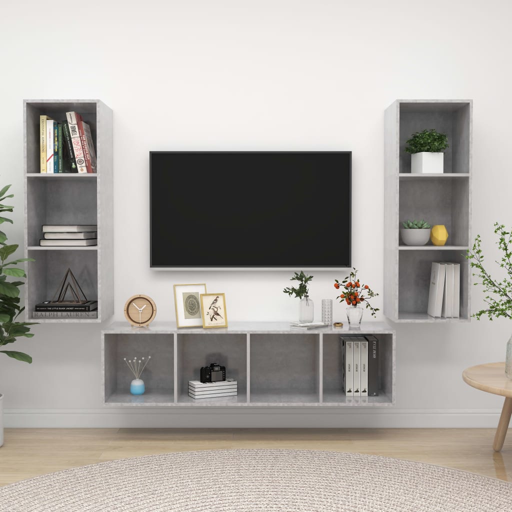 vidaXL 3-cz. zestaw szafek TV, szarość betonu, materiał drewnopochodny