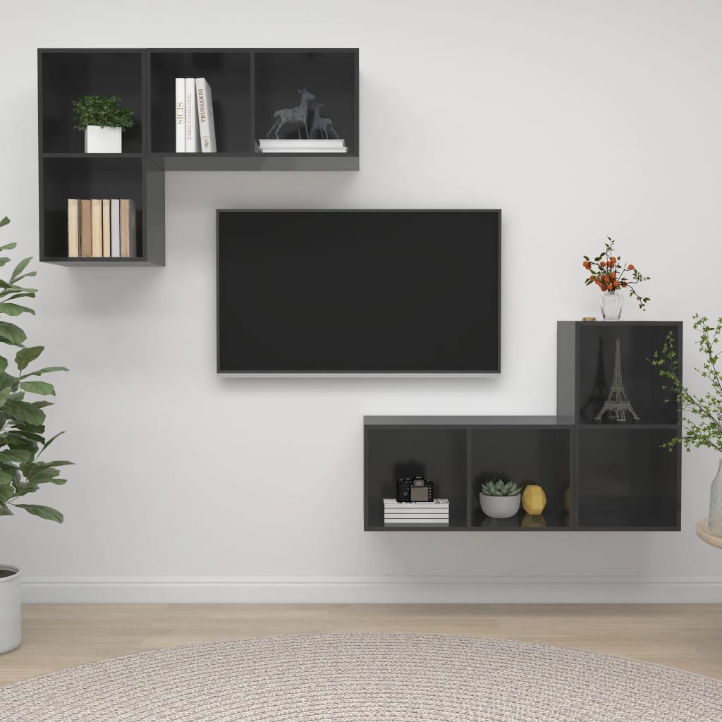 vidaXL Wiszące szafki TV, 4 szt., wysoki połysk, szare, płyta wiórowa