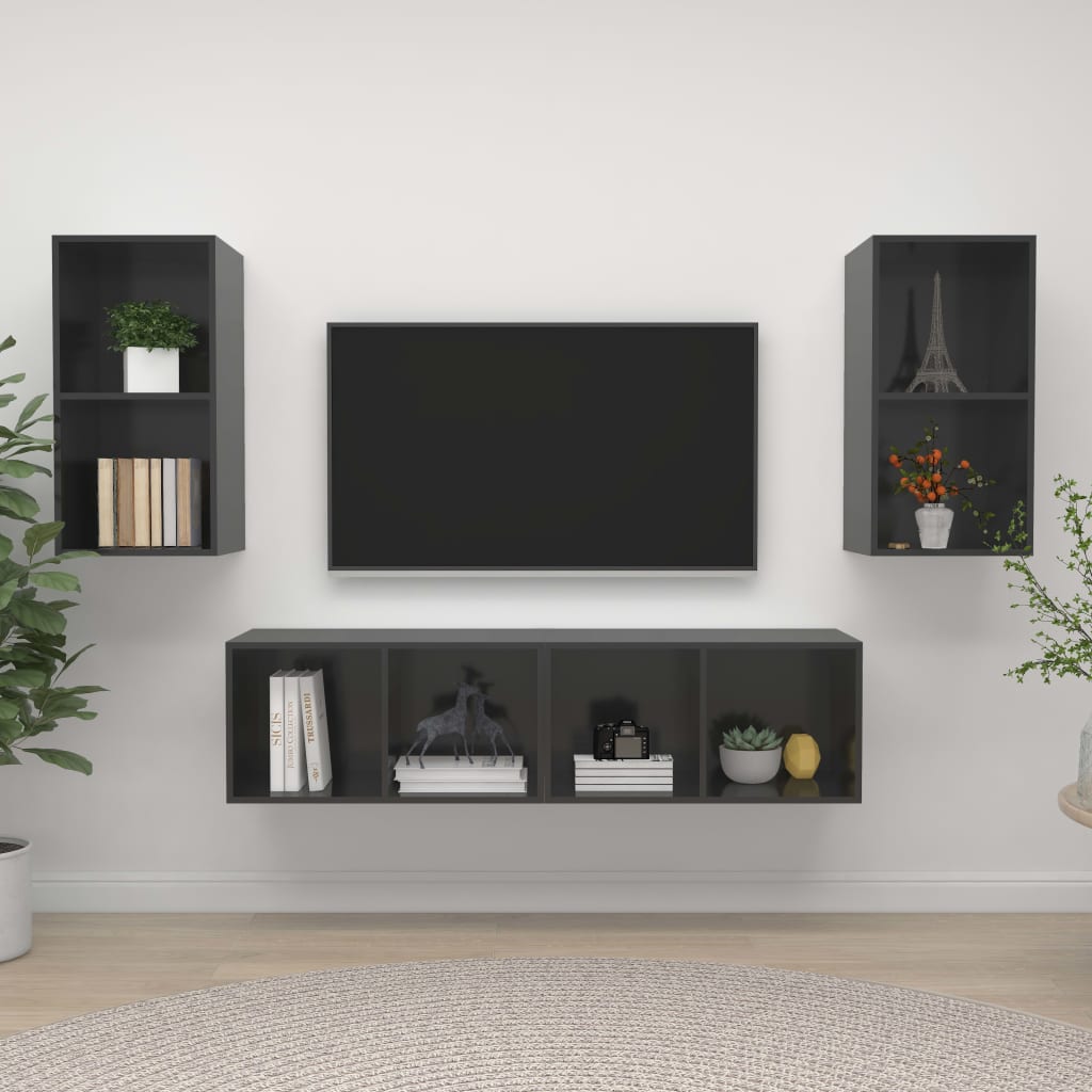 vidaXL Wiszące szafki TV, 4 szt., wysoki połysk, szare, płyta wiórowa