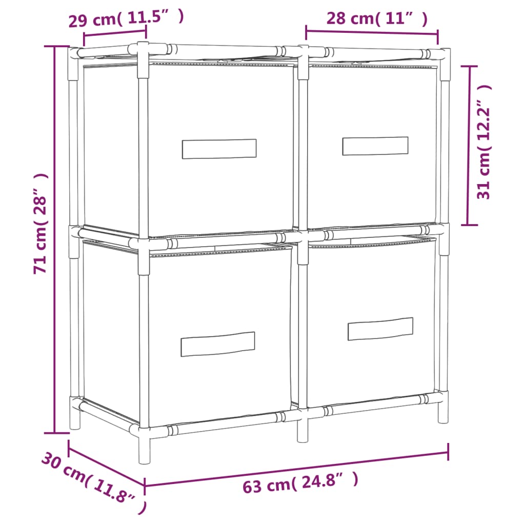 vidaXL Szafka z 4 koszami z tkaniny, szara, 63x30x71 cm, stal