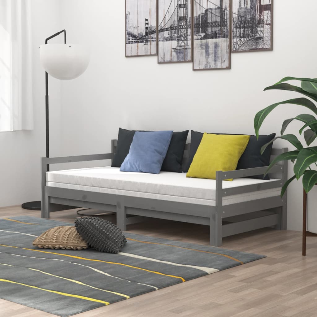 vidaXL Łóżko wysuwane, szare, lite drewno sosnowe, 2x(90x200) cm