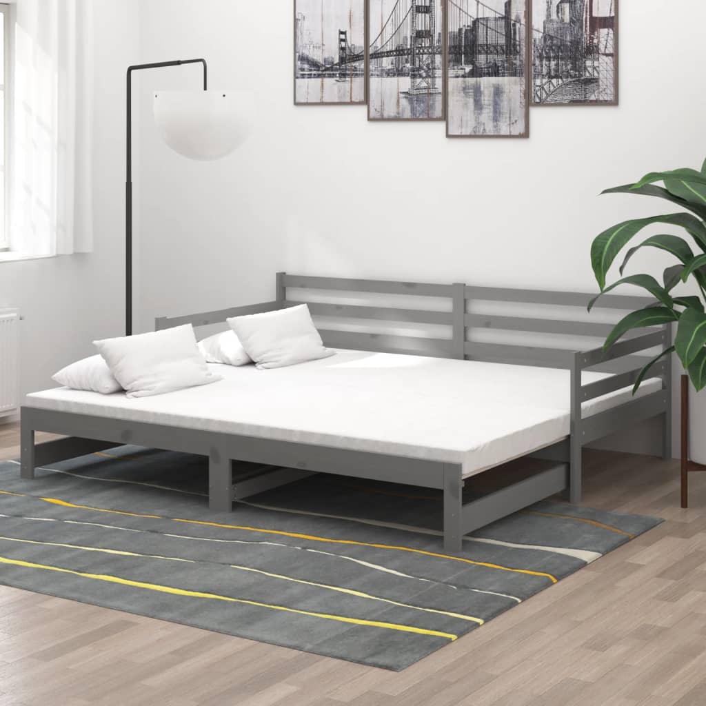 vidaXL Łóżko wysuwane, szare, lite drewno sosnowe, 2x(90x200) cm