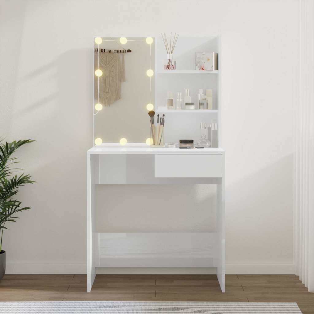 vidaXL Toaletka z oświetleniem LED, biała, połysk, 74,5x40x141 cm