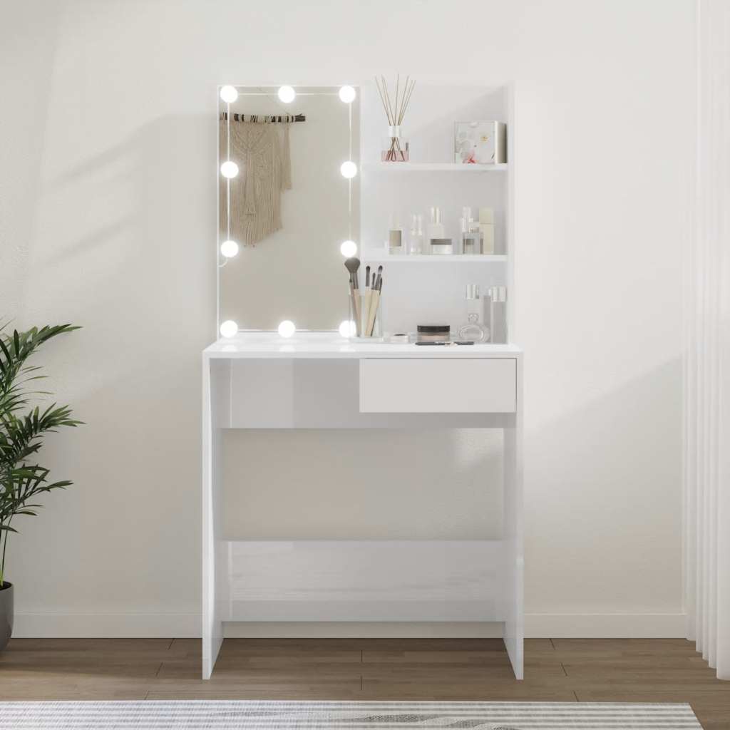 vidaXL Toaletka z oświetleniem LED, biała, połysk, 74,5x40x141 cm