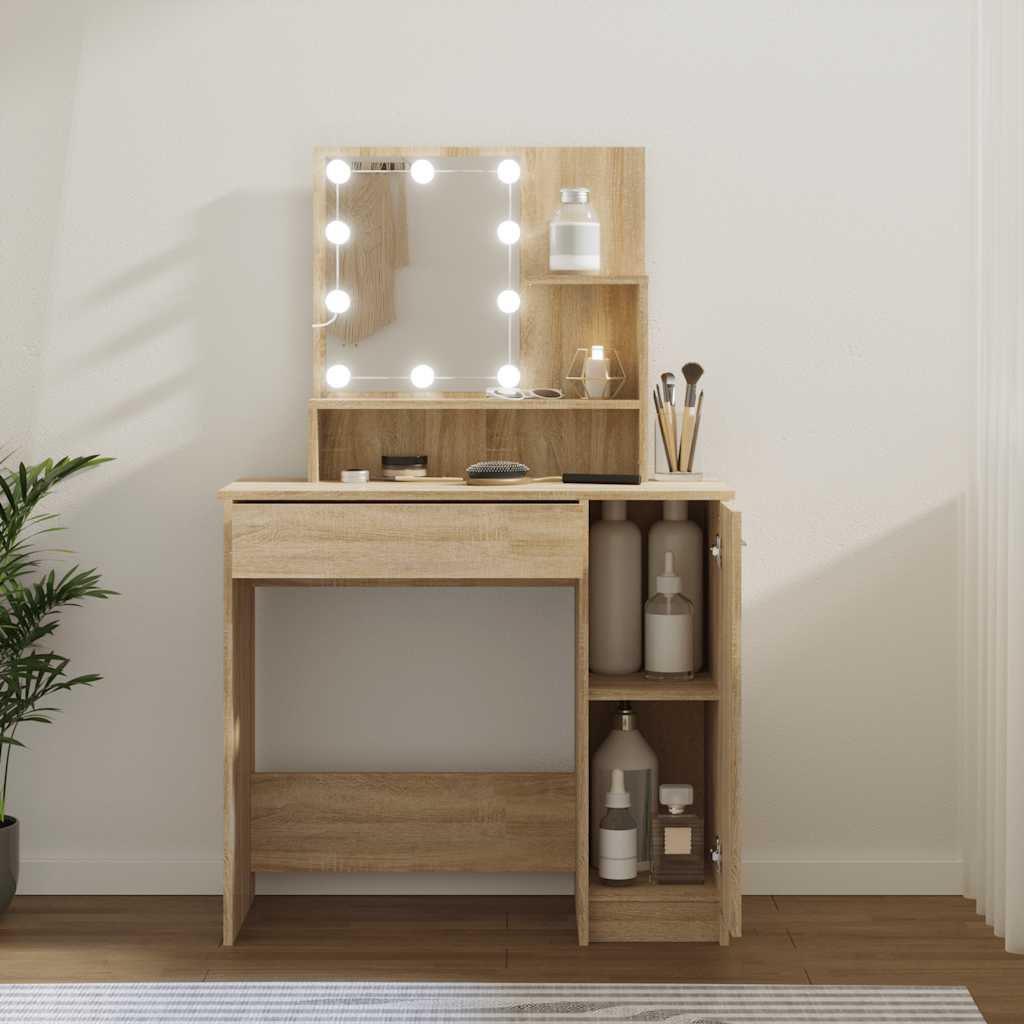 vidaXL Toaletka z oświetleniem LED, dąb sonoma, 86,5x35x136 cm
