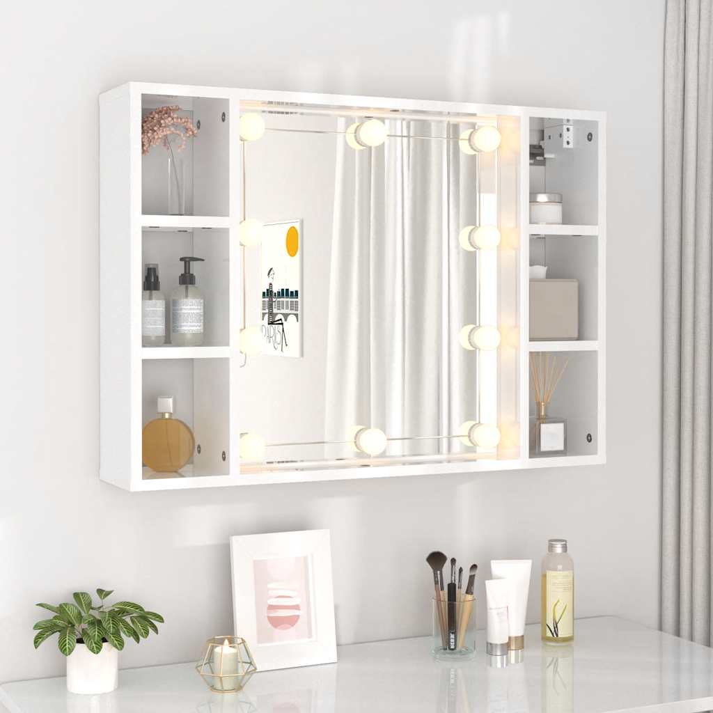 vidaXL Szafka z lustrem i LED, biała z połyskiem, 76x15x55 cm