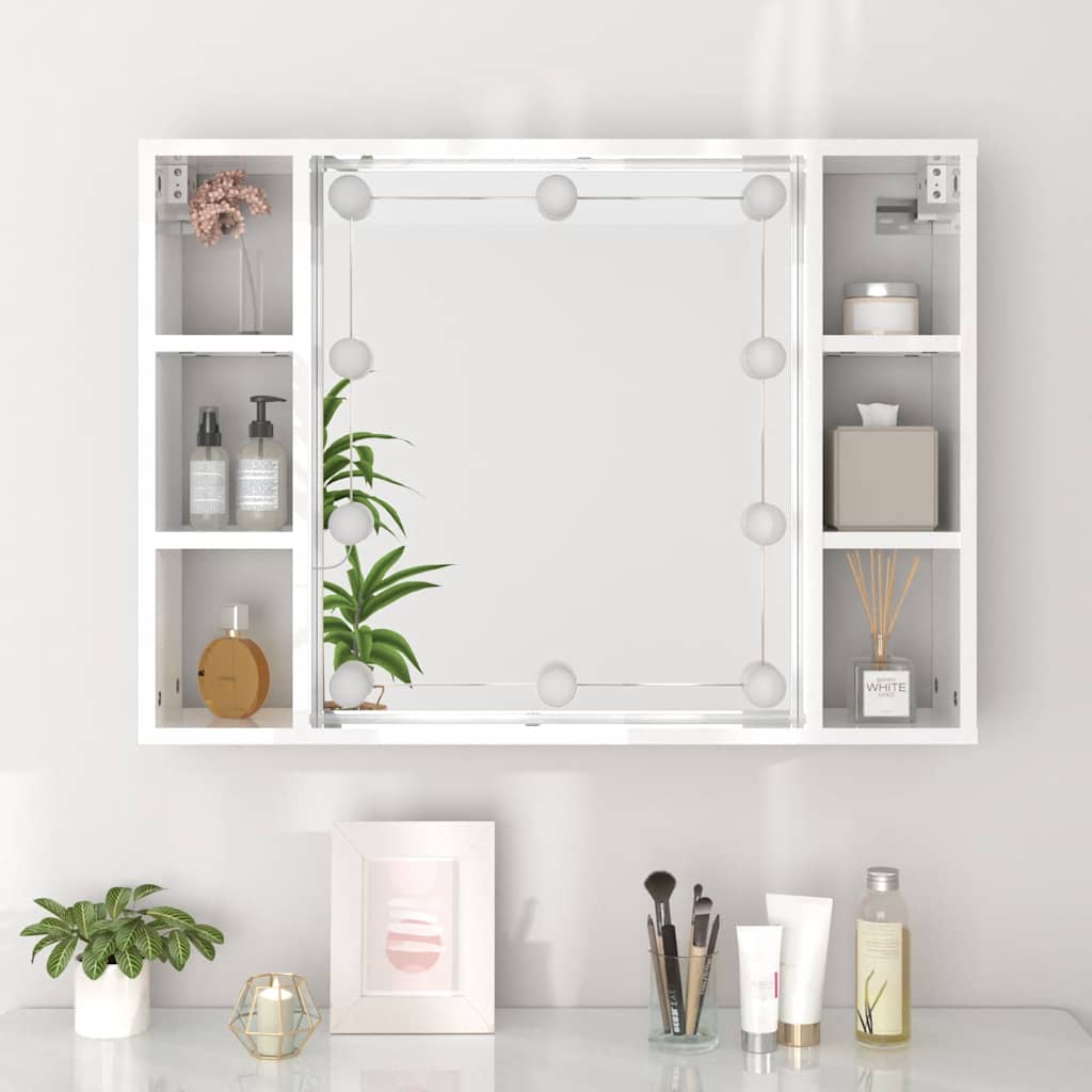vidaXL Szafka z lustrem i LED, biała z połyskiem, 76x15x55 cm