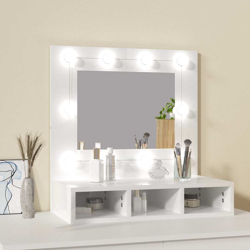 vidaXL Szafka z lustrem i LED, biała z połyskiem, 60x31,5x62 cm