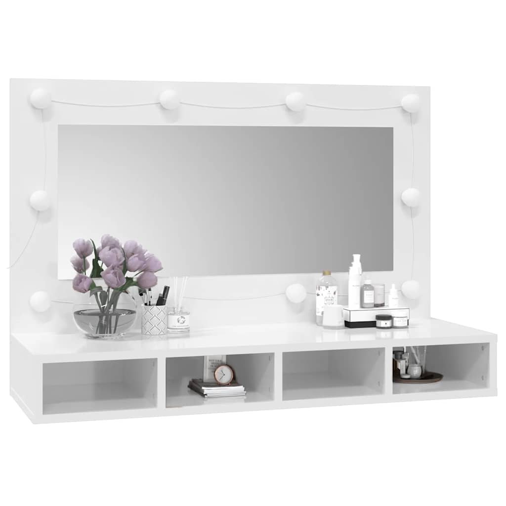 vidaXL Szafka z lustrem i LED, biała z połyskiem, 90x31,5x62 cm