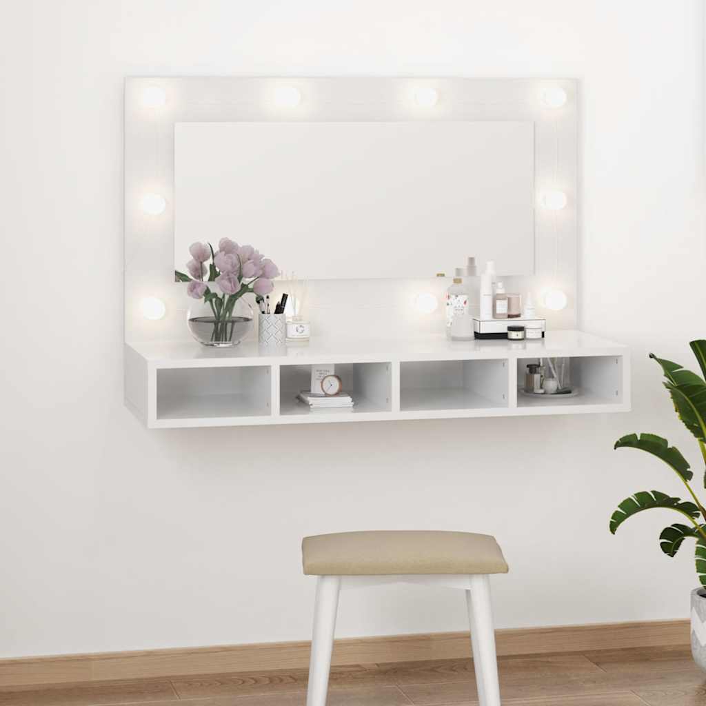 vidaXL Szafka z lustrem i LED, biała z połyskiem, 90x31,5x62 cm