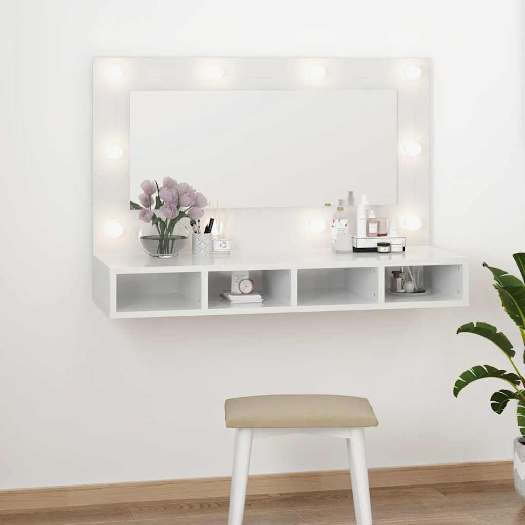 vidaXL Szafka z lustrem i LED, biała z połyskiem, 90x31,5x62 cm