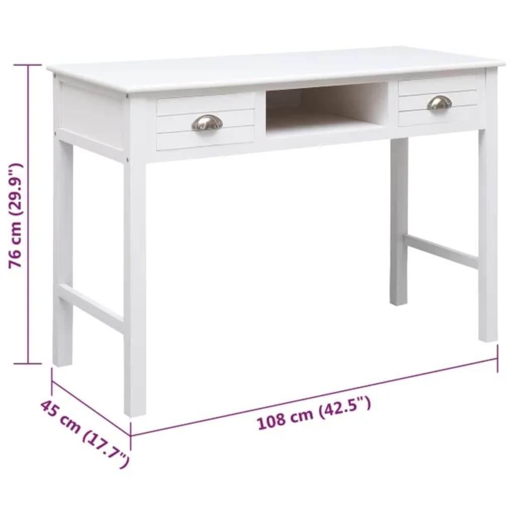 vidaXL Biurko, białe, 108x45x76 cm, lite drewno paulowni