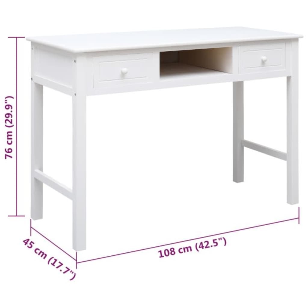 vidaXL Biurko, białe, 108x45x76 cm, lite drewno paulowni