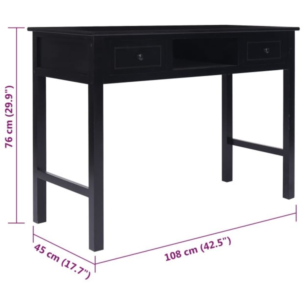 vidaXL Biurko, czarne, 108x45x76 cm, lite drewno paulowni