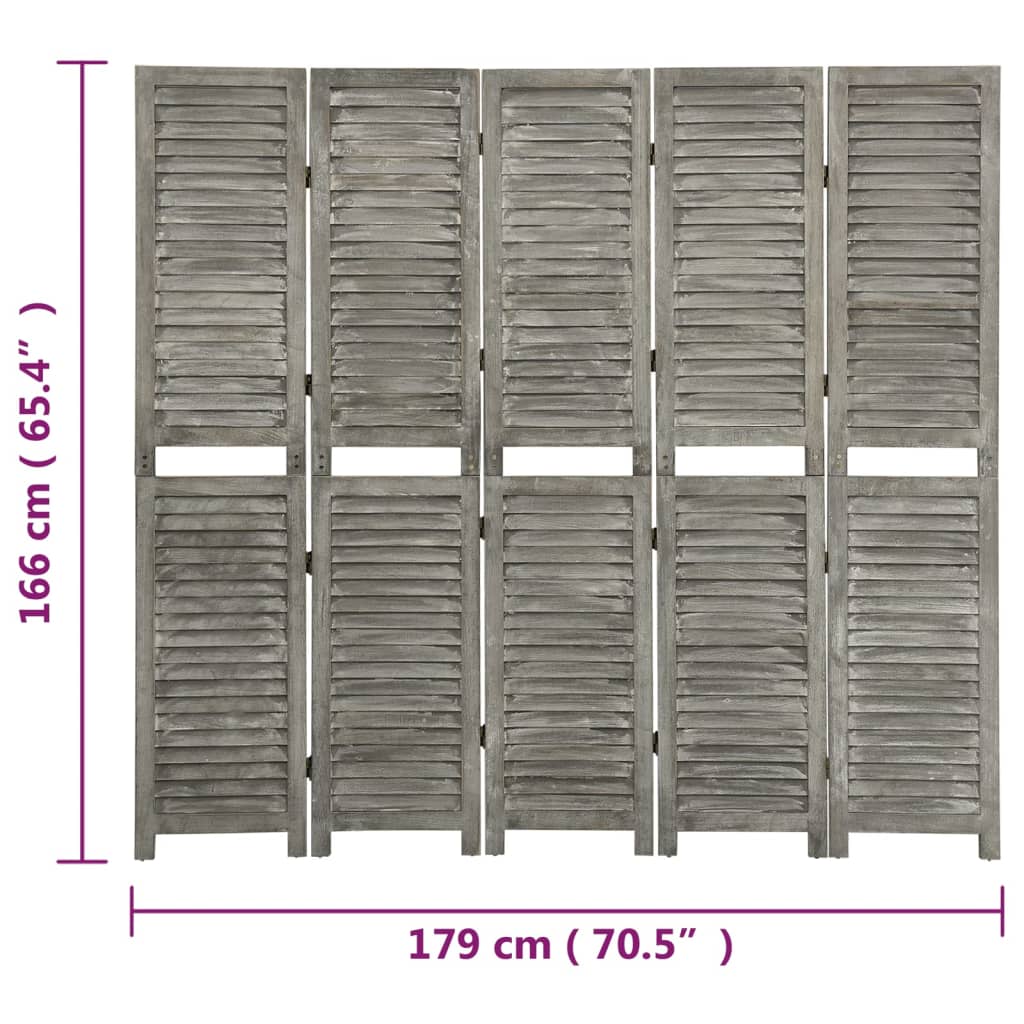 vidaXL Parawan 5-panelowy, szary, 179 x 166 cm, lite drewno