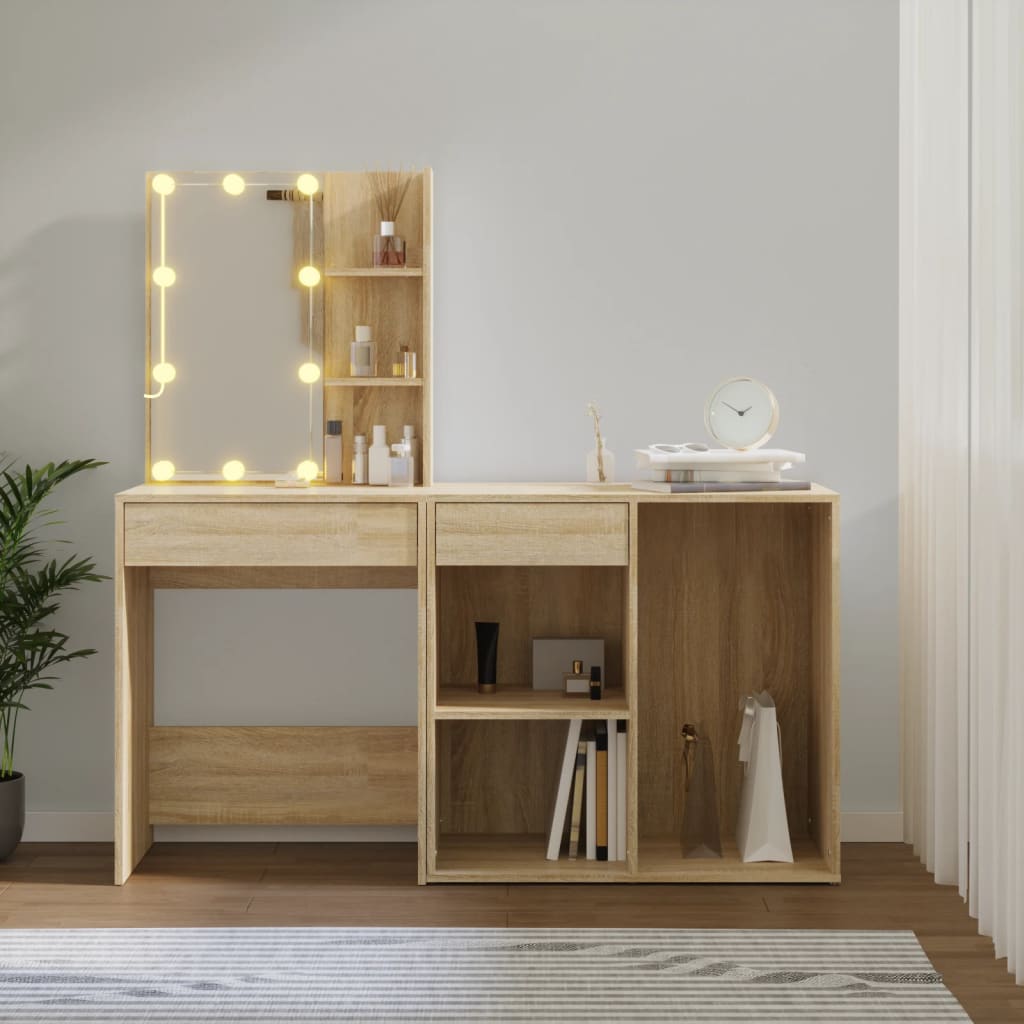 vidaXL Toaletka z oświetleniem LED i szafką, dąb sonoma