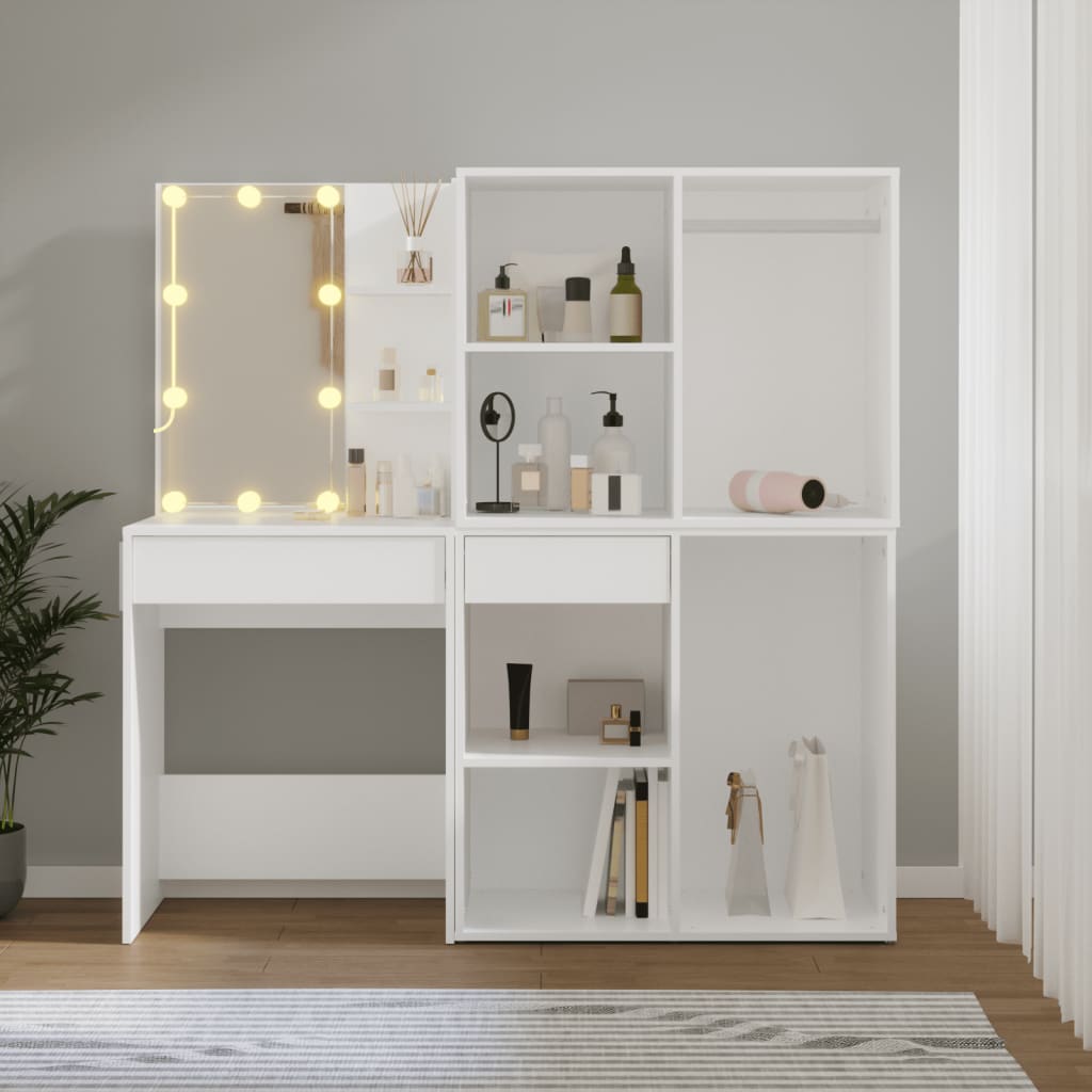vidaXL Toaletka z oświetleniem LED i 2 szafkami, biała