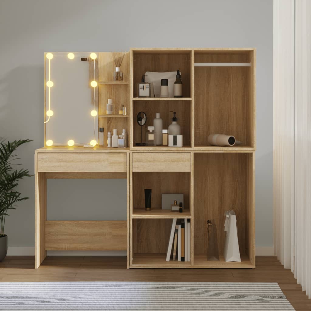 vidaXL Toaletka z oświetleniem LED i 2 szafkami, dąb sonoma