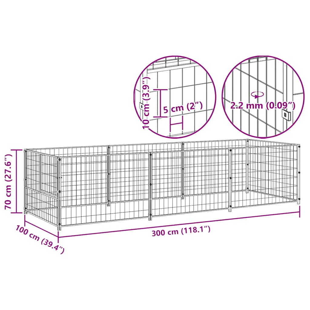 vidaXL Kojec dla psa, czarny, 3 m², stalowy