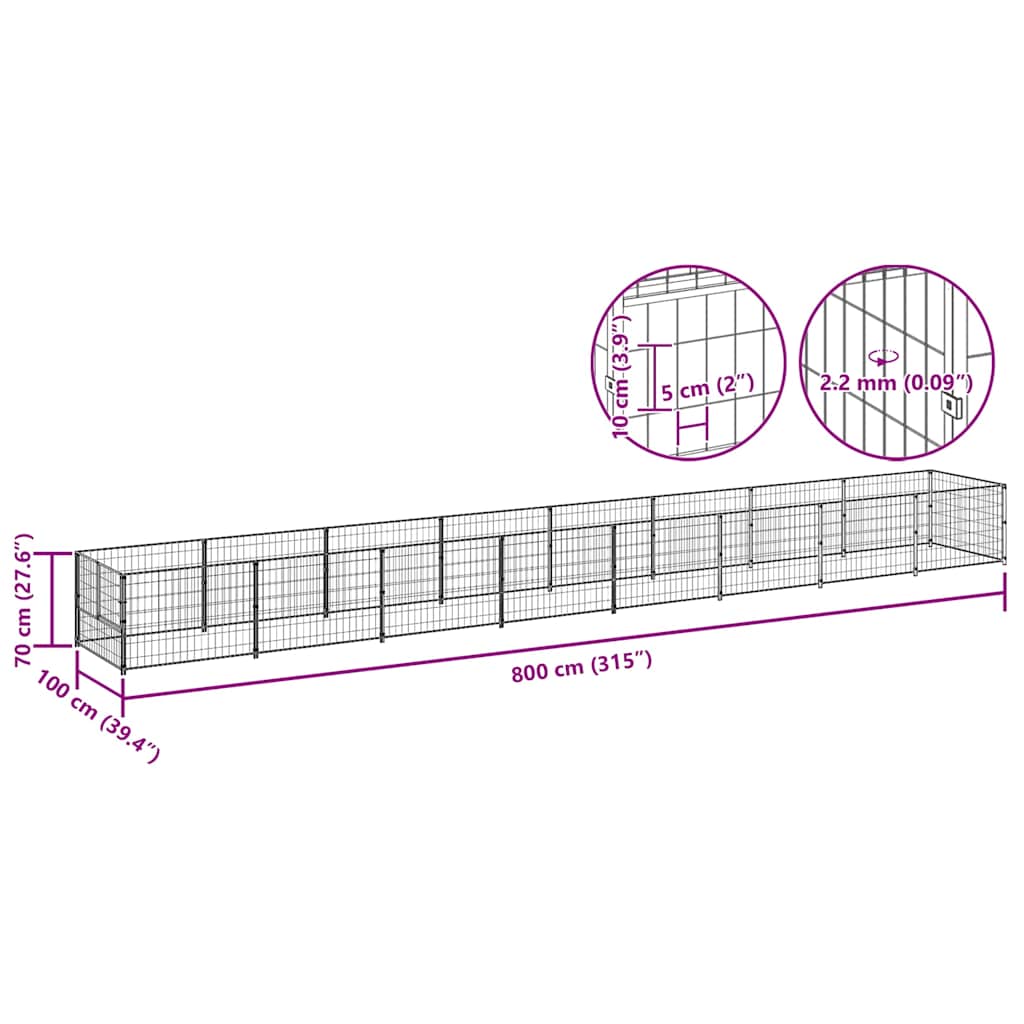vidaXL Kojec dla psa, czarny, 8 m², stalowy