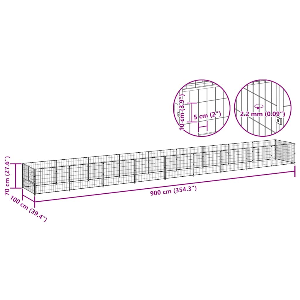 vidaXL Kojec dla psa, czarny, 9 m², stalowy