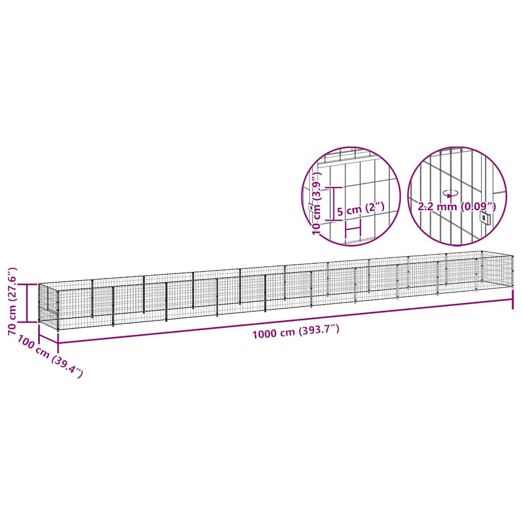 vidaXL Kojec dla psa, czarny, 10 m², stalowy