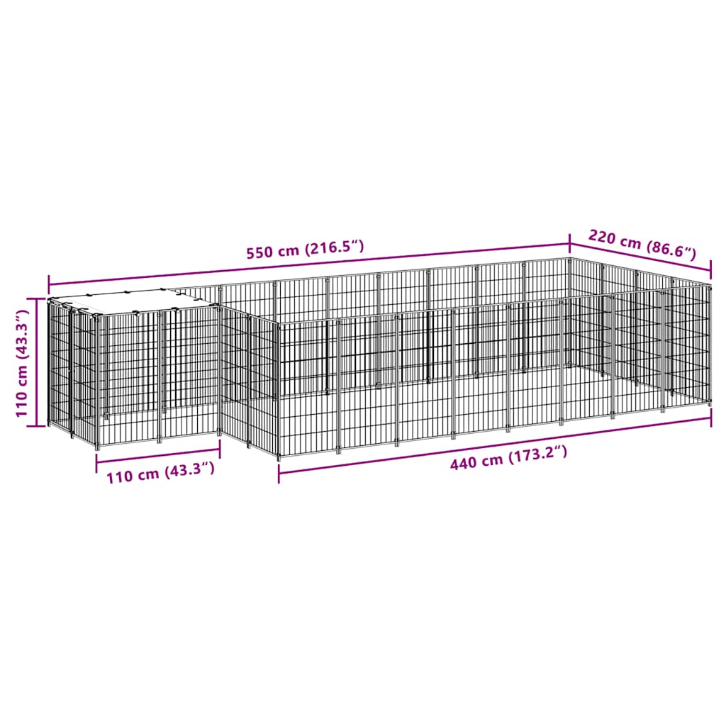 vidaXL Kojec dla psa, czarny, 10,89 m², stalowy