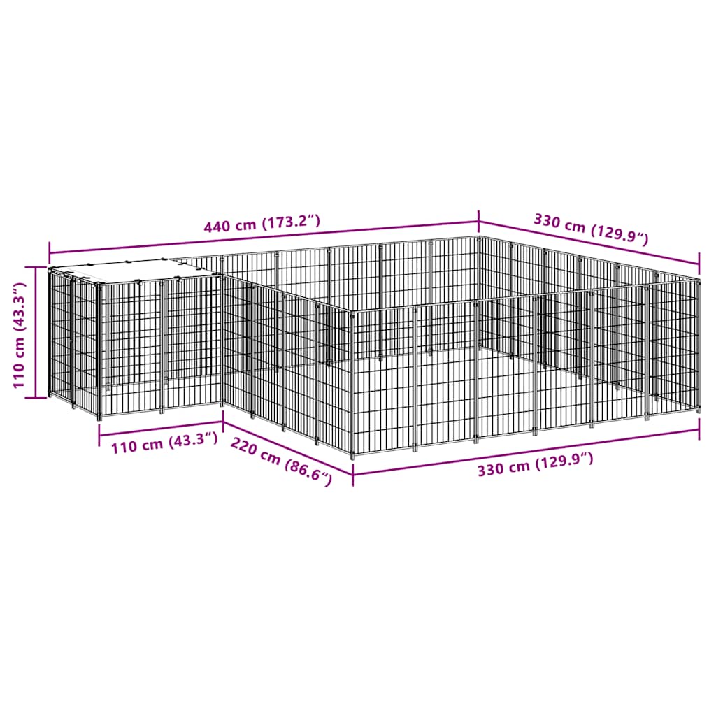vidaXL Kojec dla psa, czarny, 12,1 m², stalowy