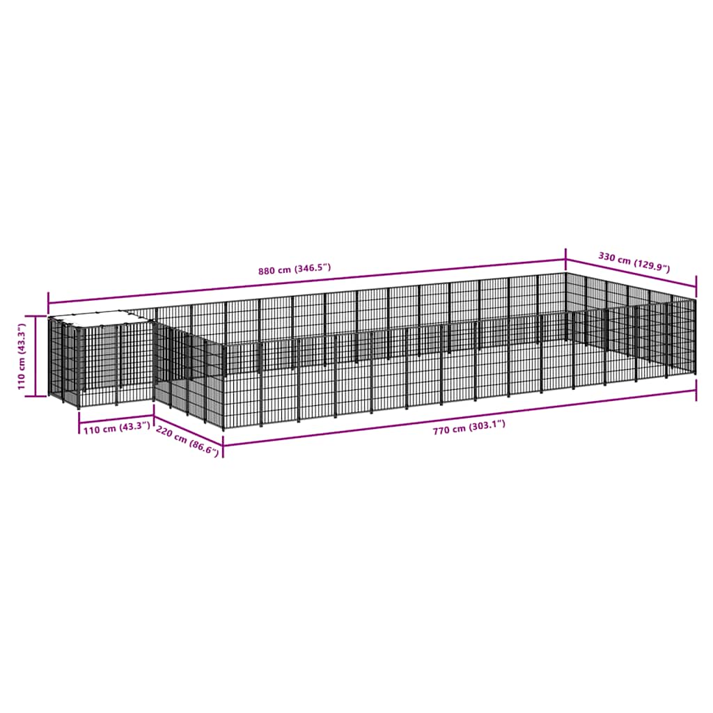 vidaXL Kojec dla psa, czarny, 22,62 m², stalowy