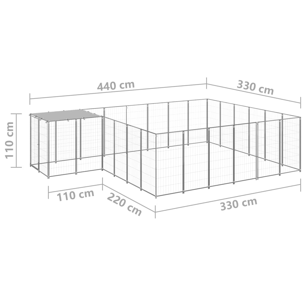 vidaXL Kojec dla psa, srebrny, 12,1 m², stalowy