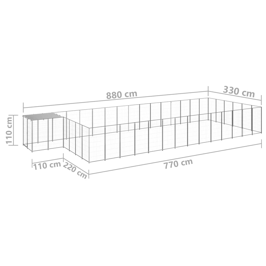 vidaXL Kojec dla psa, srebrny, 26,62 m², stalowy