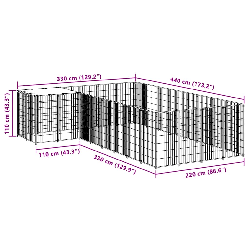vidaXL Kojec dla psa, czarny, 10,89 m², stalowy