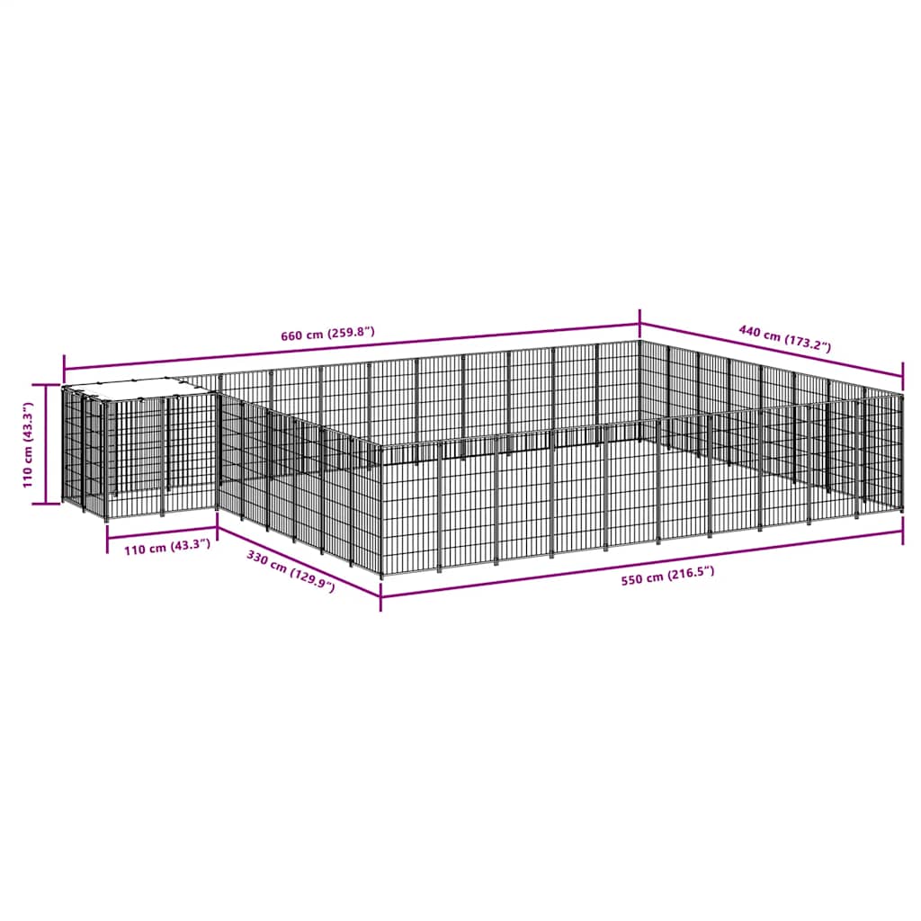 vidaXL Kojec dla psa, czarny, 25,41 m², stalowy