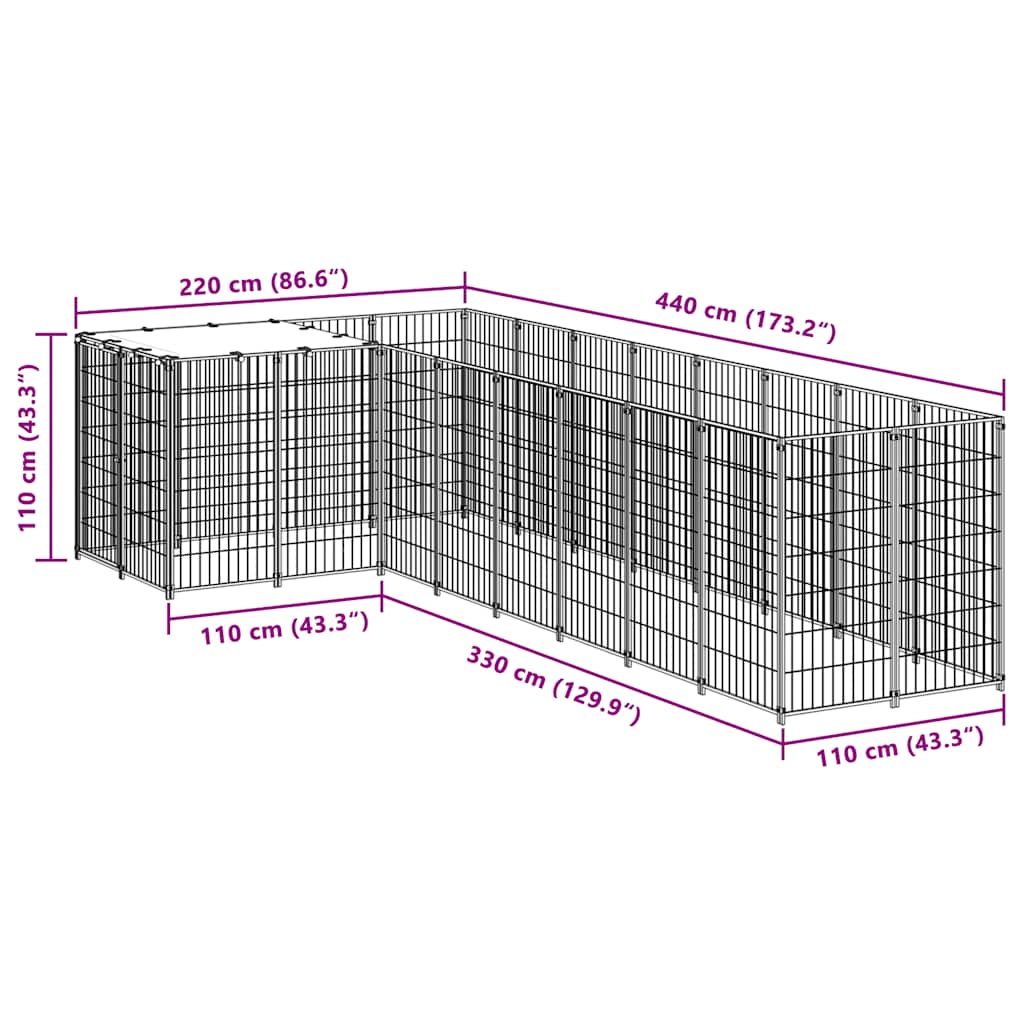vidaXL Kojec dla psa, srebrny, 6,05 m², stalowy
