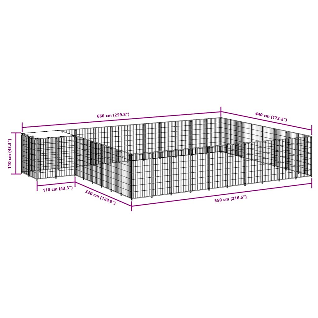 vidaXL Kojec dla psa, srebrny, 25,41 m², stalowy