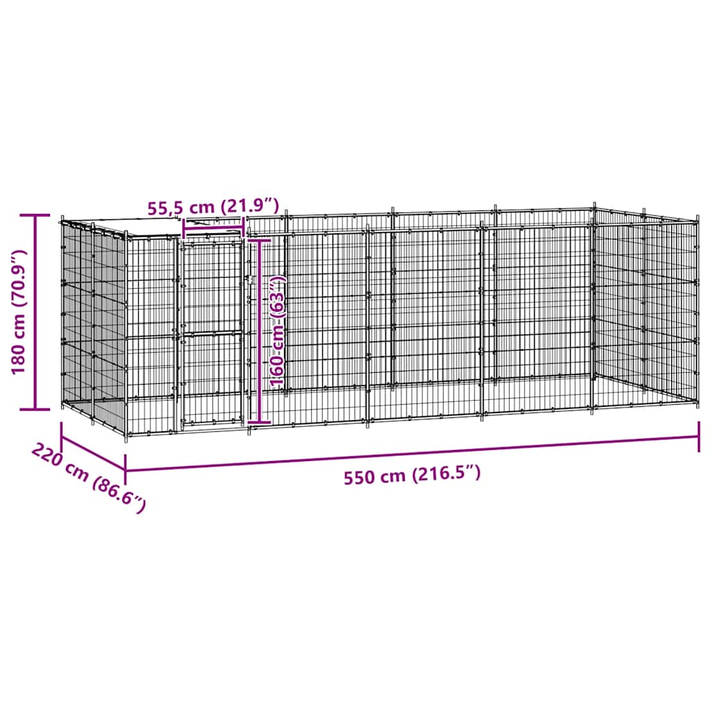 vidaXL Kojec dla psa, z zadaszeniem, stalowy, 12,1 m²
