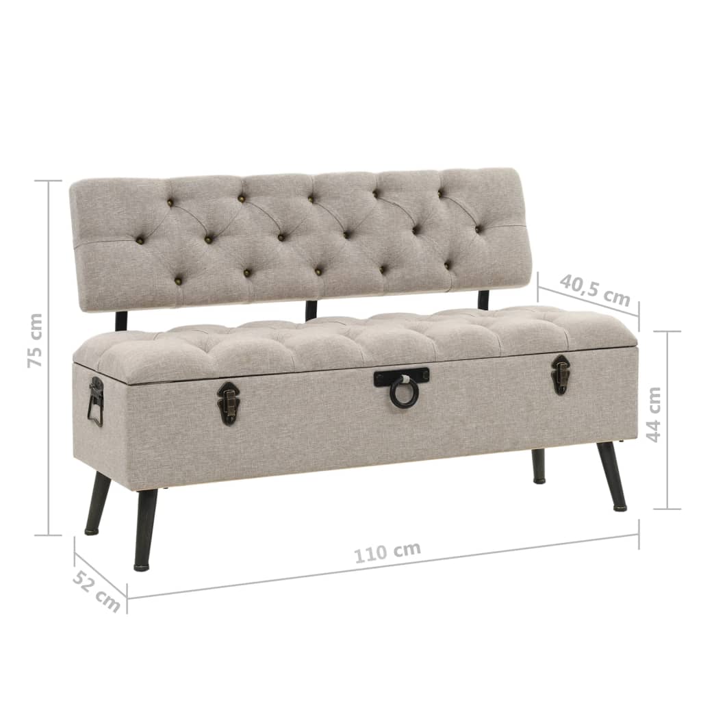 vidaXL Ławka ze schowkiem i oparciem, 110 cm, kremowa, tkanina