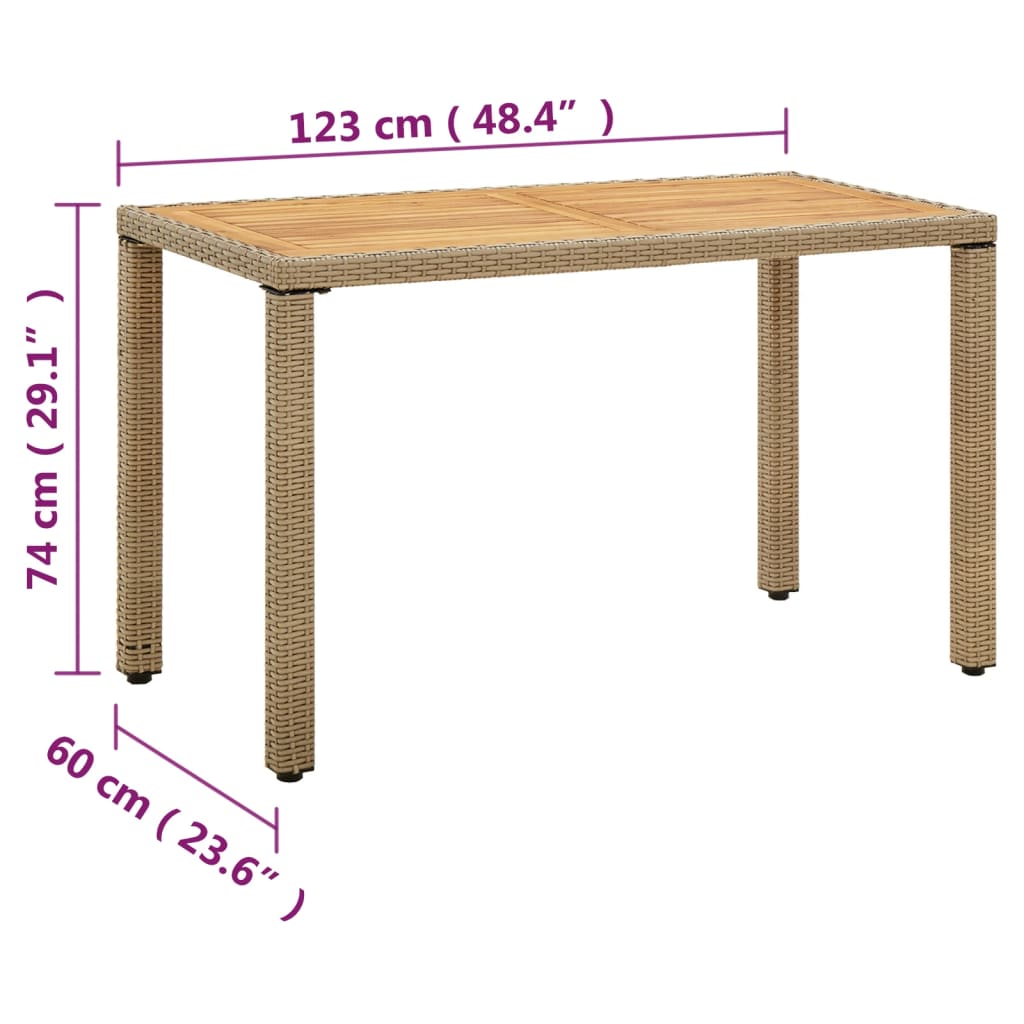 vidaXL Stół ogrodowy, beżowy, 123x60x74 cm, polirattan i lita akacja